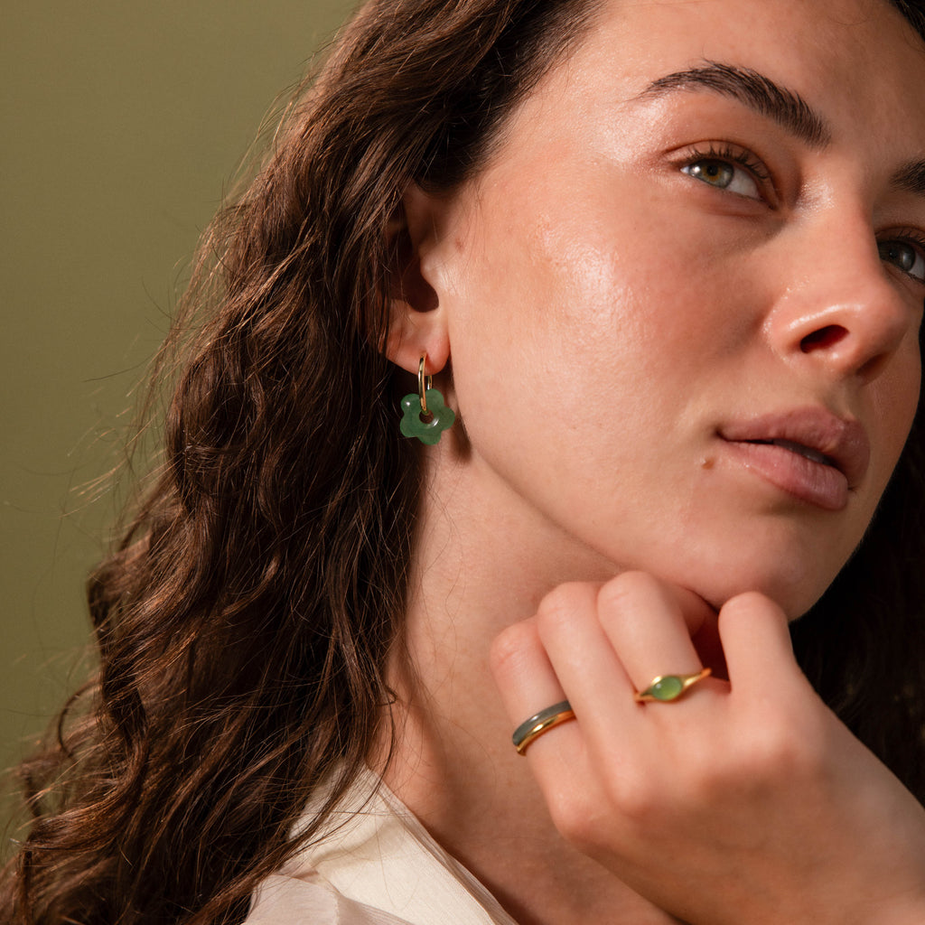 Jade Flower Hoops in 18K Gold