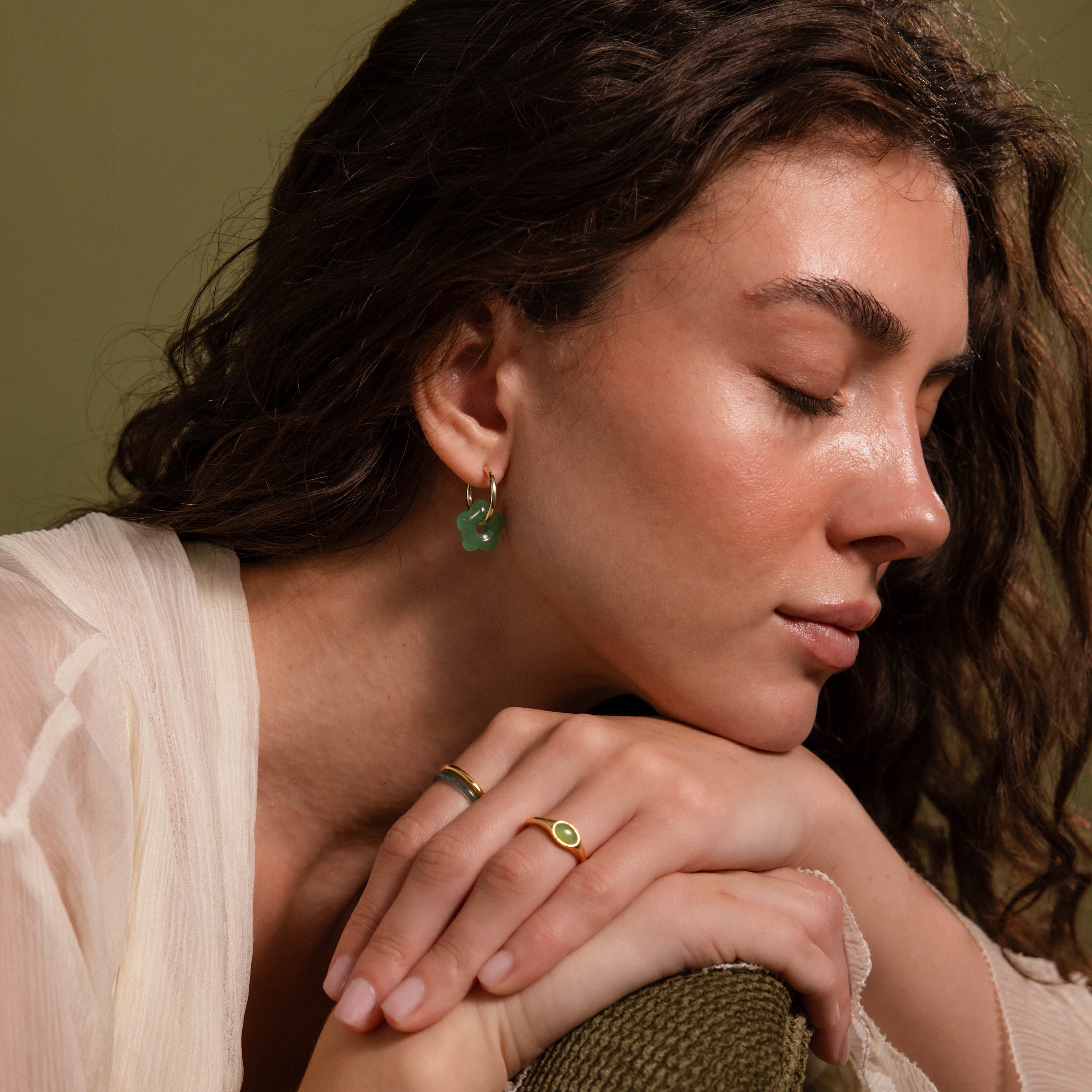 Jade Flower Hoops in Silver