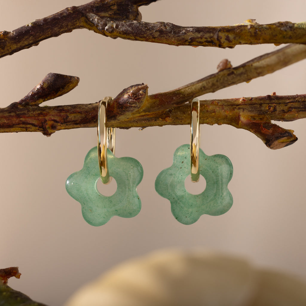 Jade Flower Hoops in 18K Gold