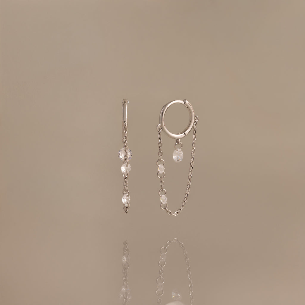 Crystal Chain Drop Huggies in Silver