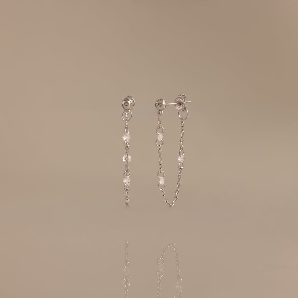 Crystal Chain Drop Studs in Silver