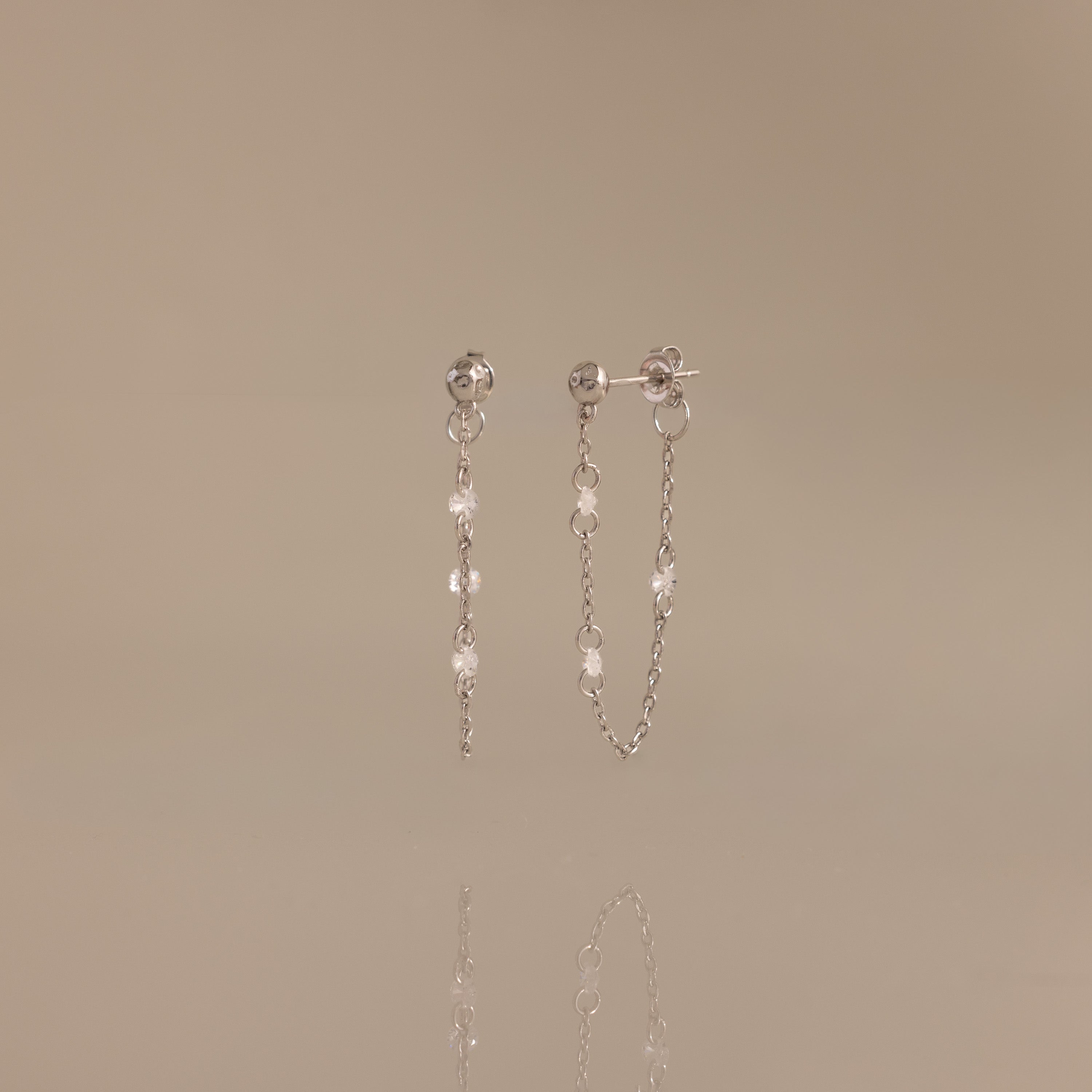 Crystal Chain Drop Studs in Silver
