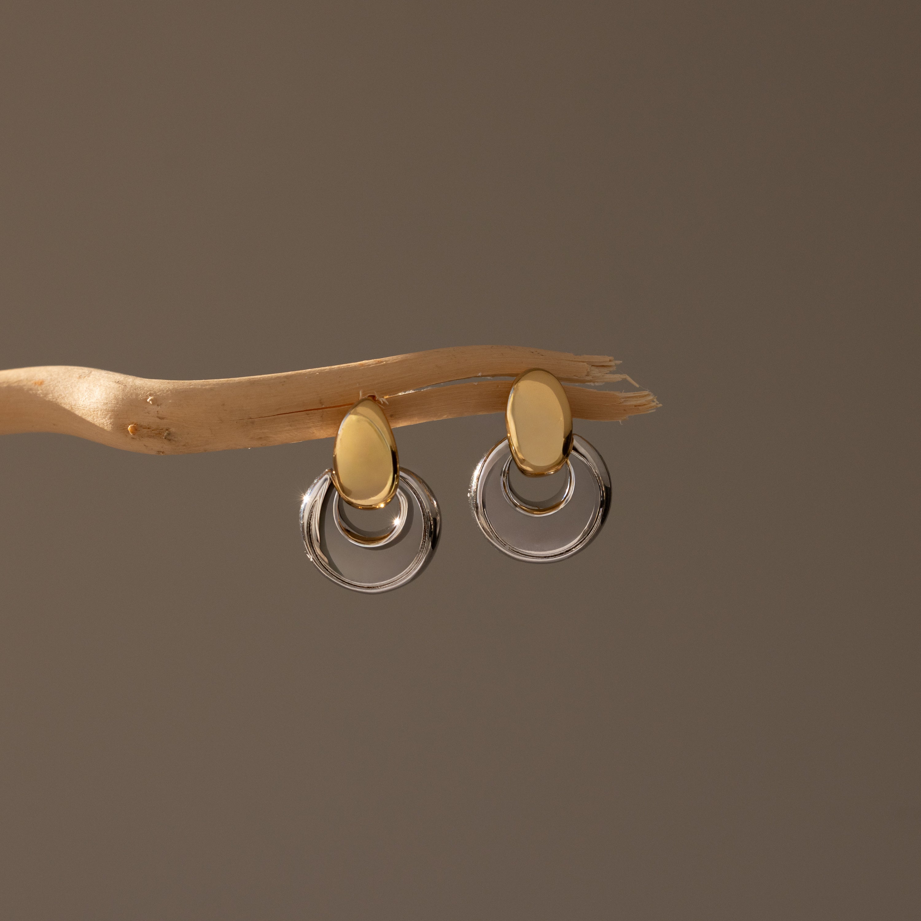 Eclipse Dome Studs in Mixed Metal are displayed on a curved wooden branch against a neutral background, highlighting their sculptural design and modern jewelry aesthetic.