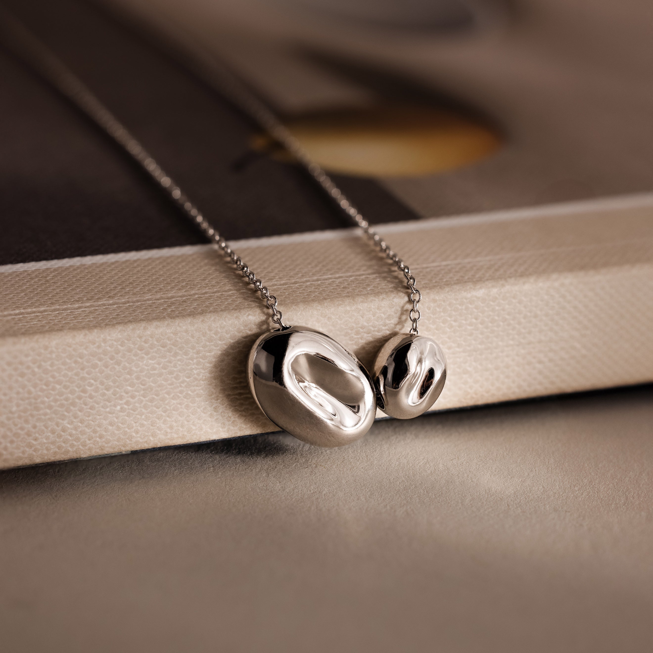 The Duo Pebble Necklace in Silver features two abstract silver pendants on a fine chain—an elegant piece to add artistic charm to your jewelry collection.