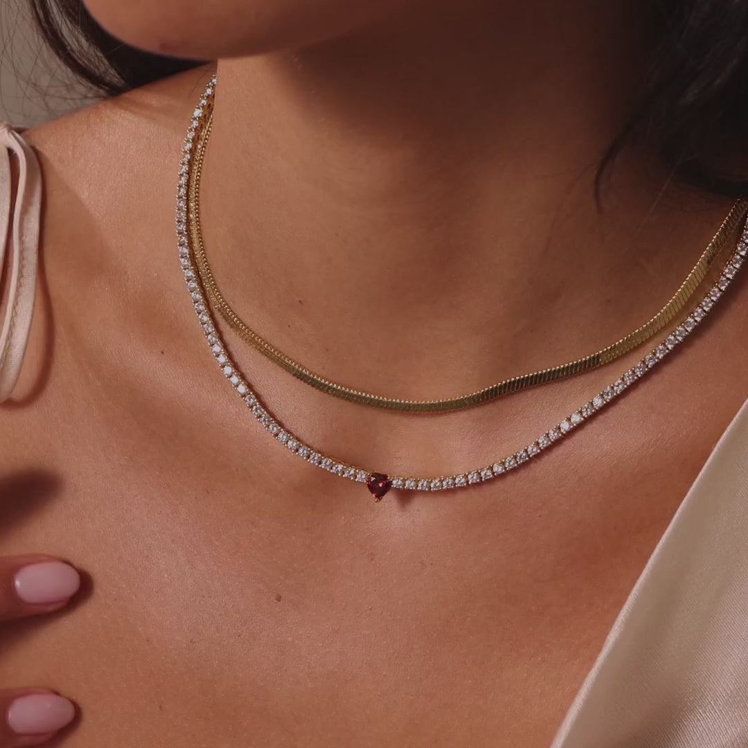 Garnet Heart Tennis Necklace in 18K Gold