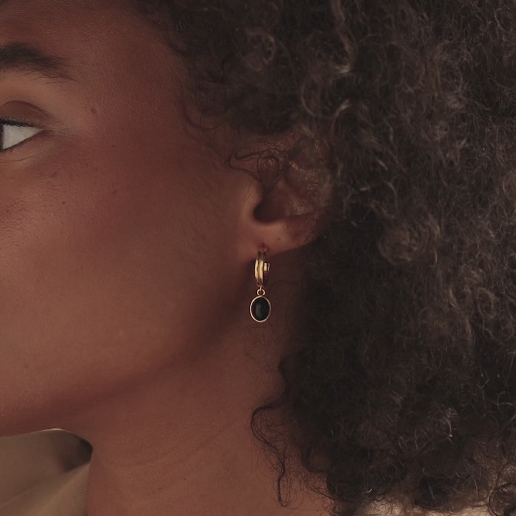 Black Gemstone Drop Hoops