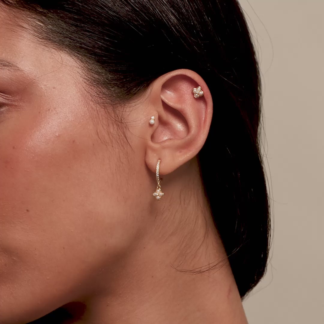 Pave Rounded Pearl Flower Hoops