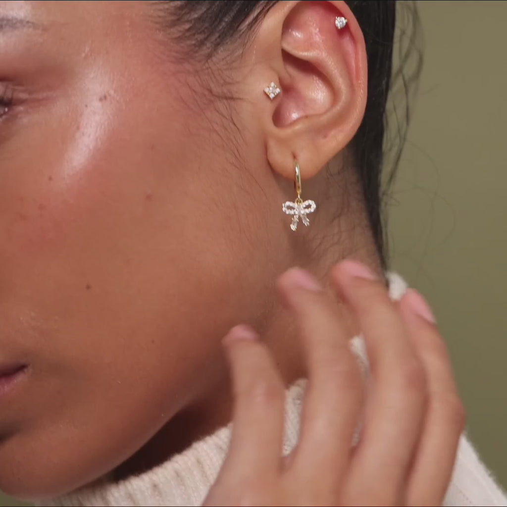 Pave Bow Charm Hoops in 18K Gold