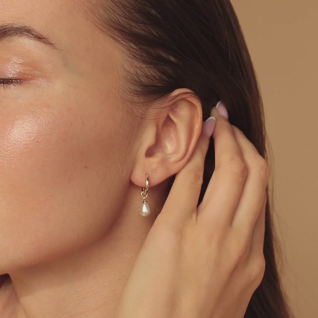 Dainty Pearl Drop Huggies in 18K Gold