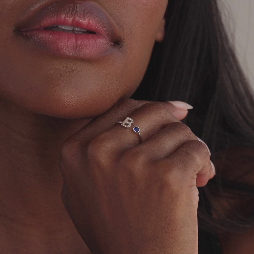 Alex Initial Birthstone Ring in Sterling Silver