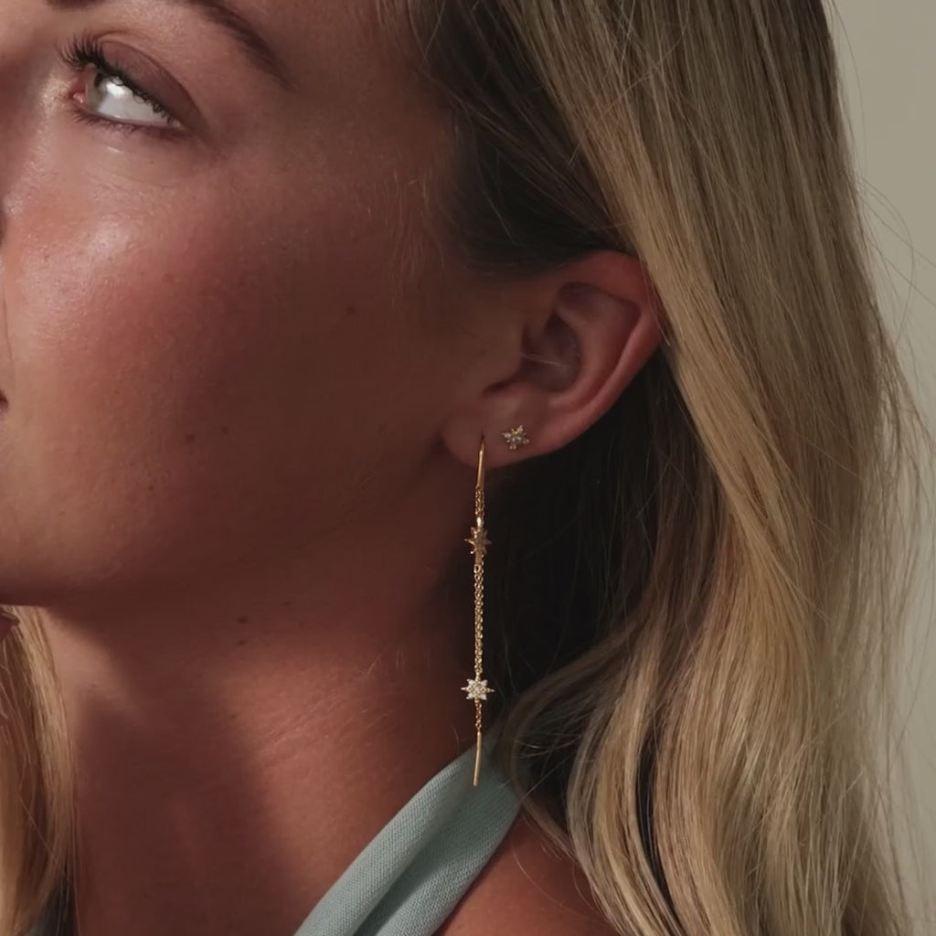 Pave Star Threader Earrings in 18K Gold