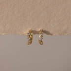 Marquise Cluster Hoop Earrings in gold with clustered CZ diamond stones, displayed on a soft neutral surface.