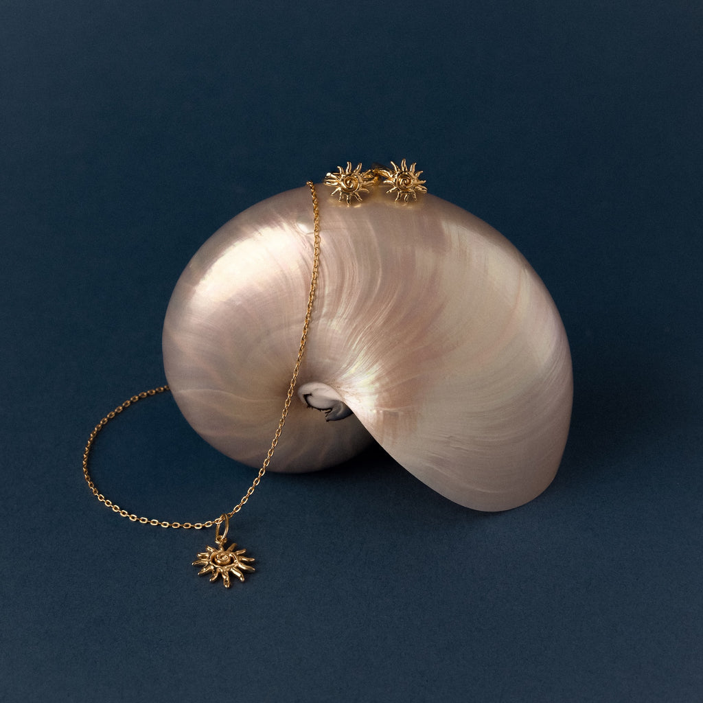 The Celestial Sun Necklace in 18K Gold and gold sun earrings are displayed on a pearlescent seashell against a dark blue background.