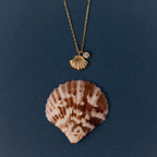 The Diamond Seashell Charm Necklace in 18K Gold showcases a shell pendant with a sparkling gem above a brown and white seashell, reflecting coastal elegance.