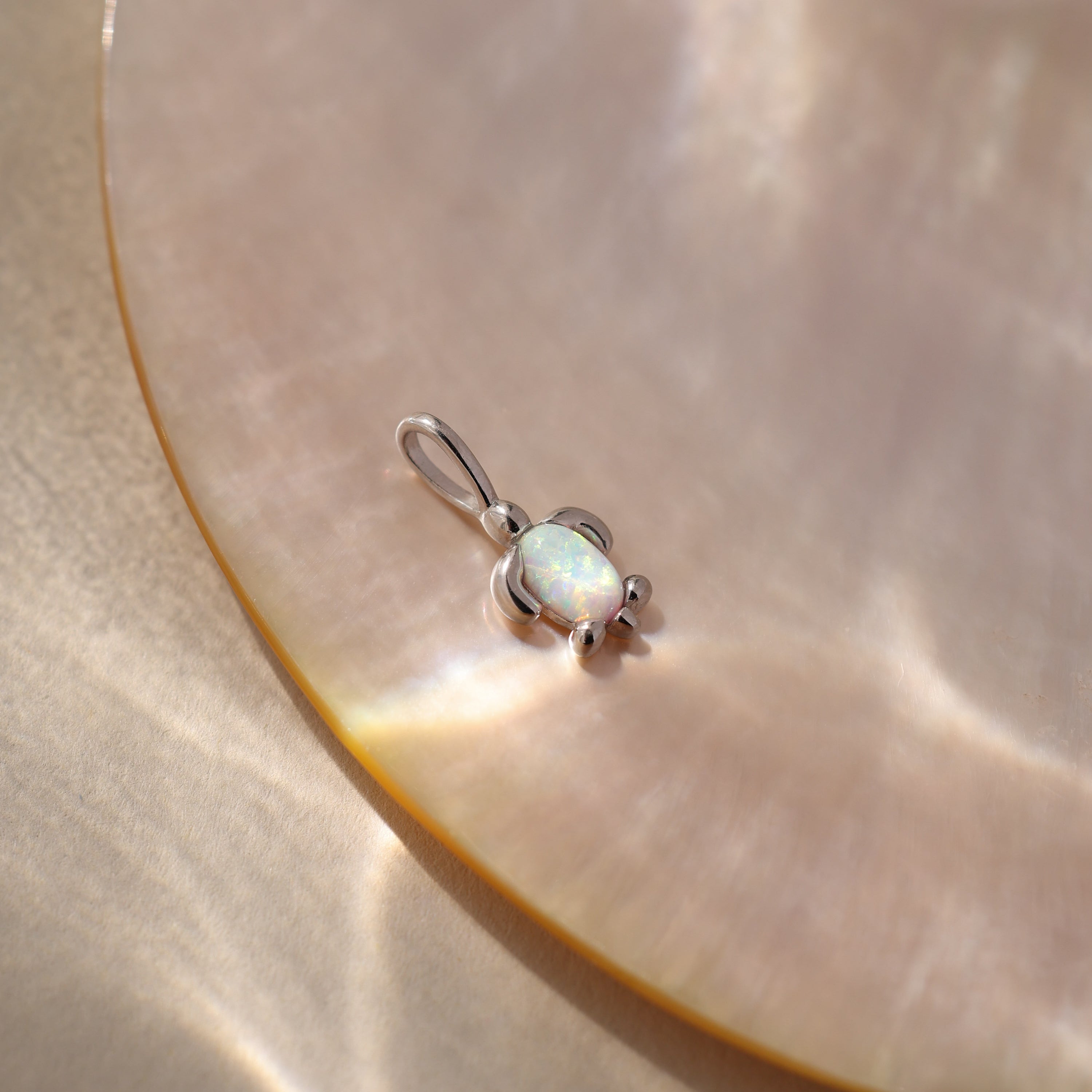 The Opal Sea Turtle Charm in Silver shines on a glossy, iridescent surface with warm lighting—a perfect choice for lovers of ocean-inspired or seaside jewelry.