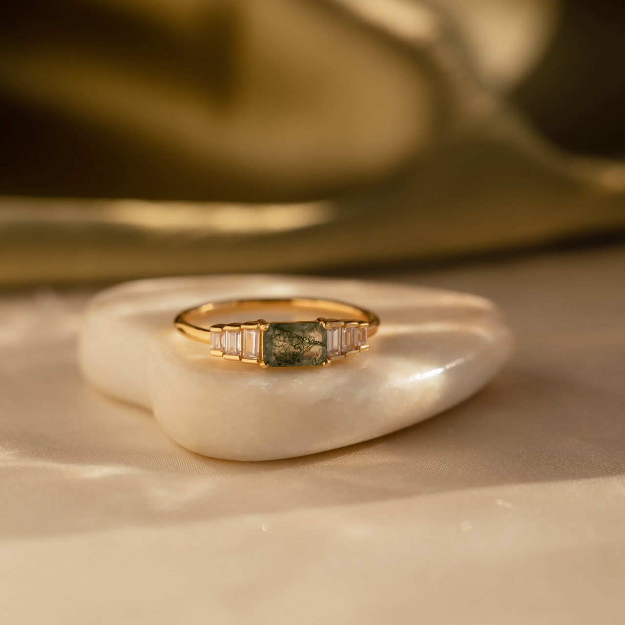Art Deco Moss Agate Diamond Statement Ring | Caitlyn Minimalist