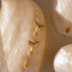 Shark Tooth Flatback Studs, ideal as beach accessories or shark-themed jewelry, are displayed on a shiny, pale seashell with small holes, alongside other shells.
