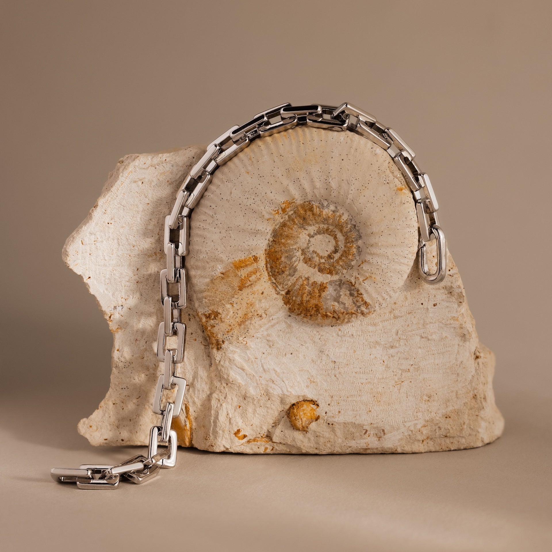 The Eternal Link Bracelet in Silver, a modern geometric piece, rests atop a fossilized ammonite in beige rock against a neutral backdrop.