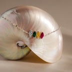 The Multiple Marquise Birthstone Bracelet is a customizable silver piece featuring four vibrant gemstones atop a shiny iridescent seashell—a striking addition to birthstone jewelry.