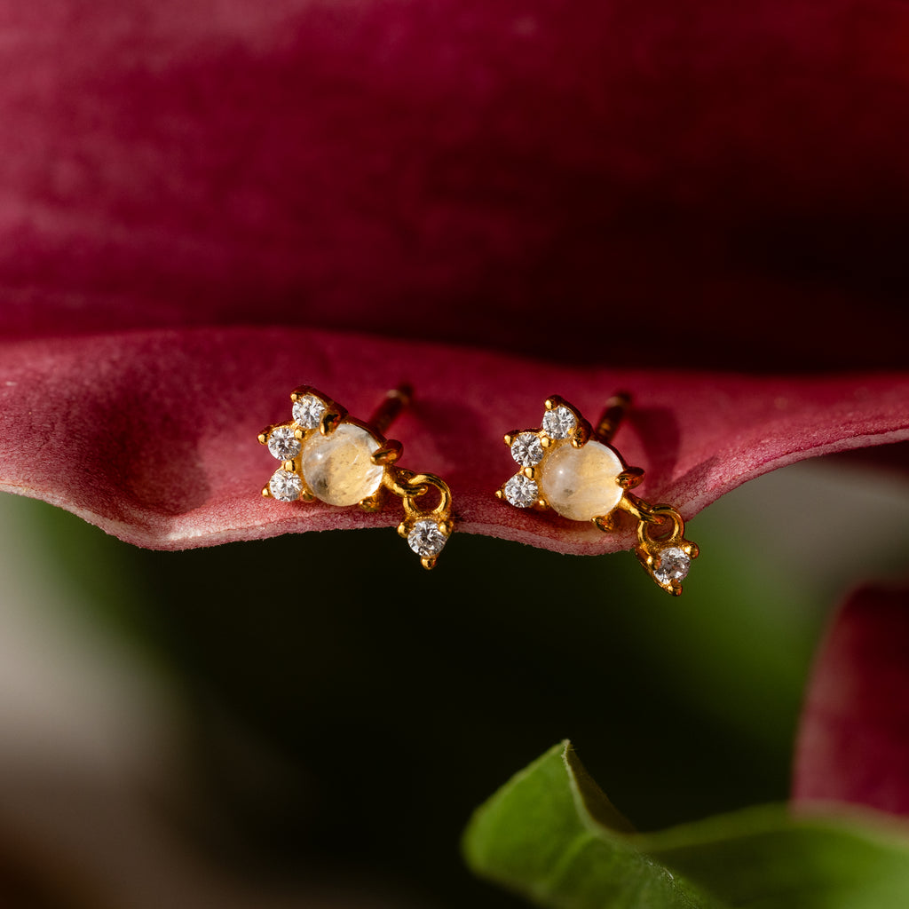 Halo Moonstone Drop Studs rest on a pink flower petal, with green leaves nearby.