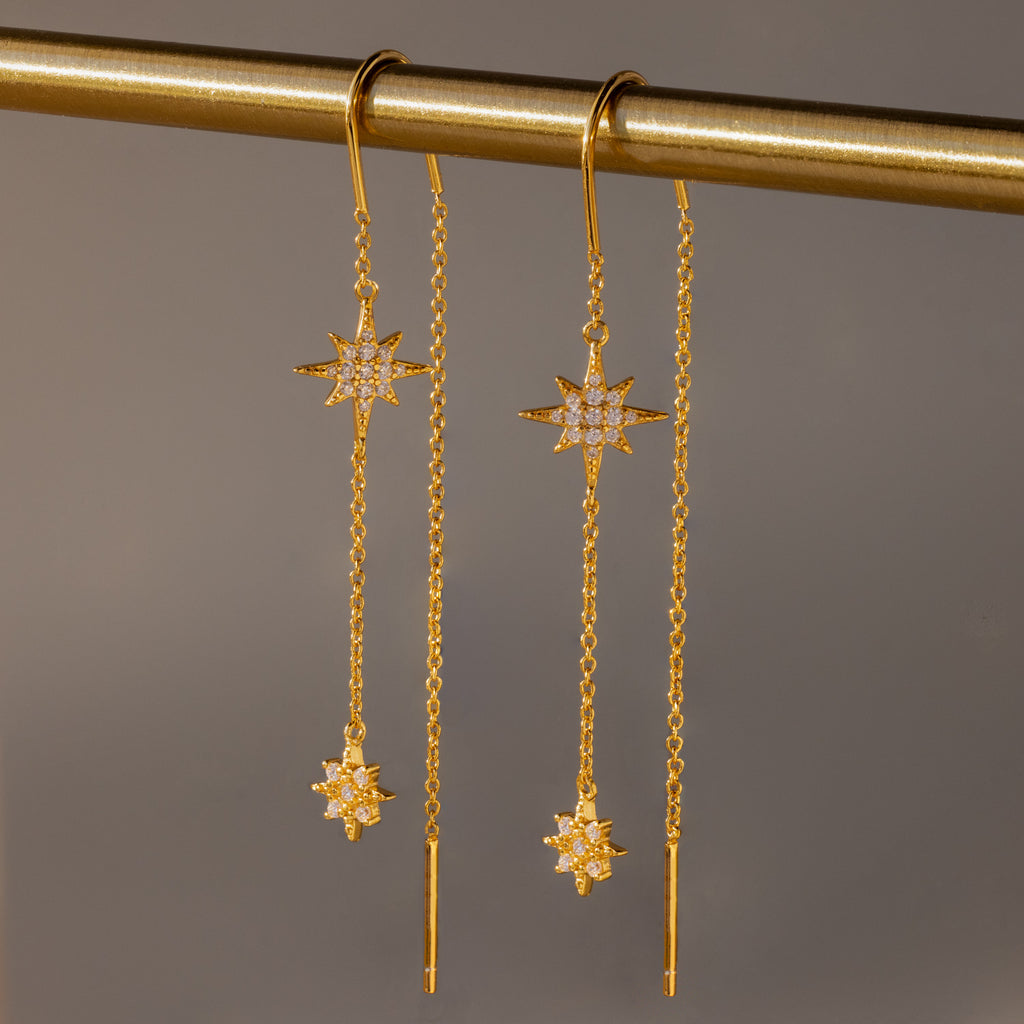 Pave Star Threader Earrings in 18K Gold