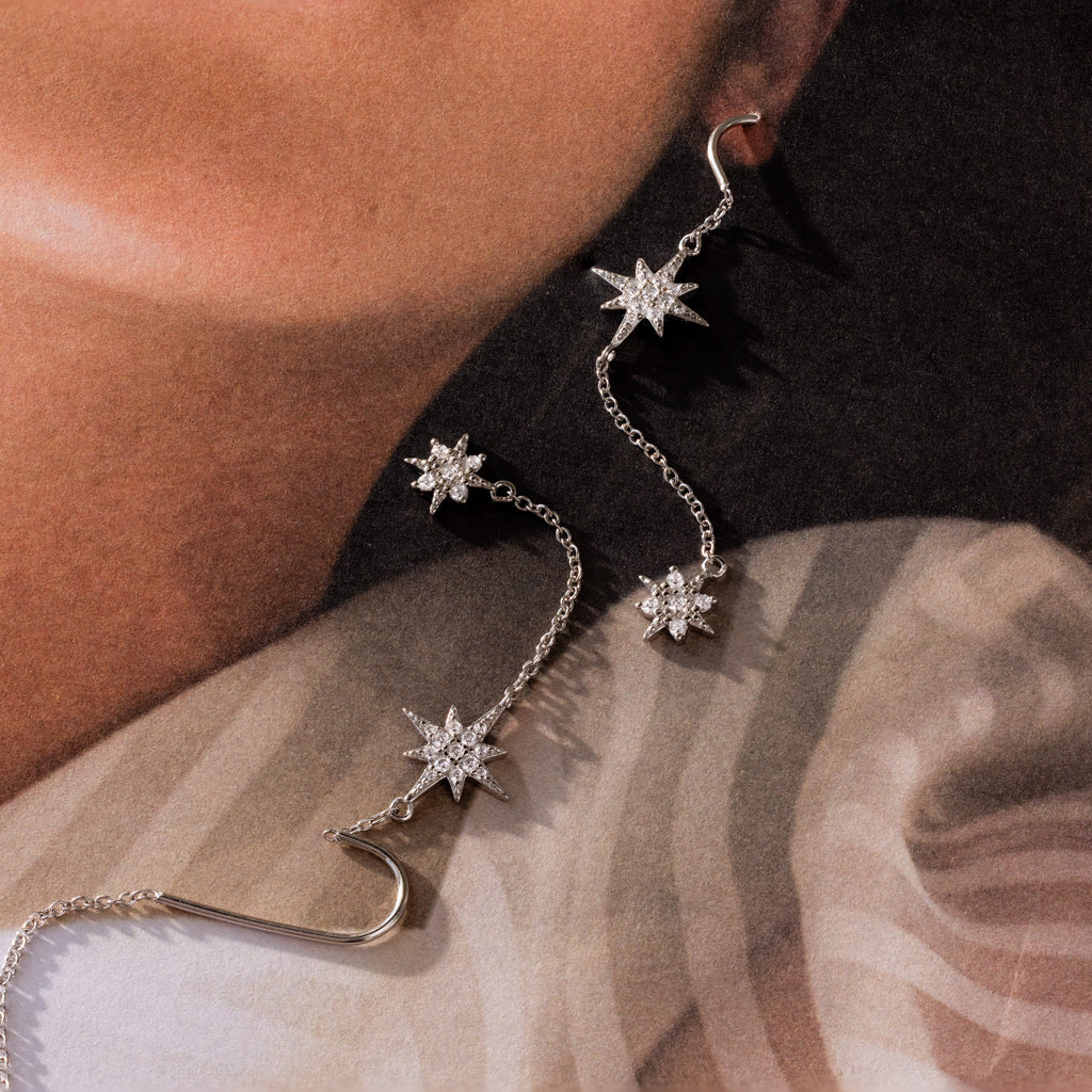 Pave Star Threader Earrings in Silver
