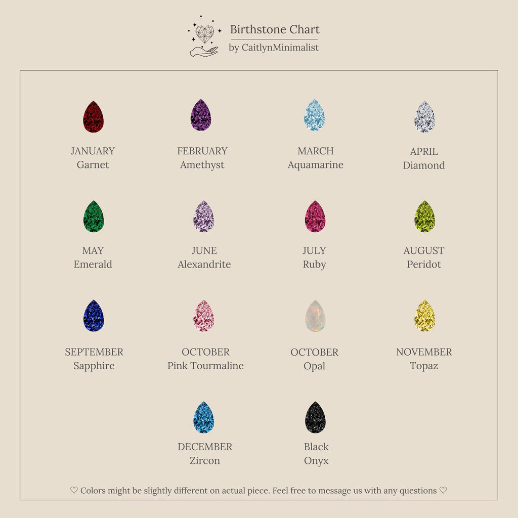 Birthstone chart with colored gems for each month, featuring garnet, amethyst, emerald, and more—ideal for choosing a special jewelry piece like the Teardrop Onyx & Pearl Ring.