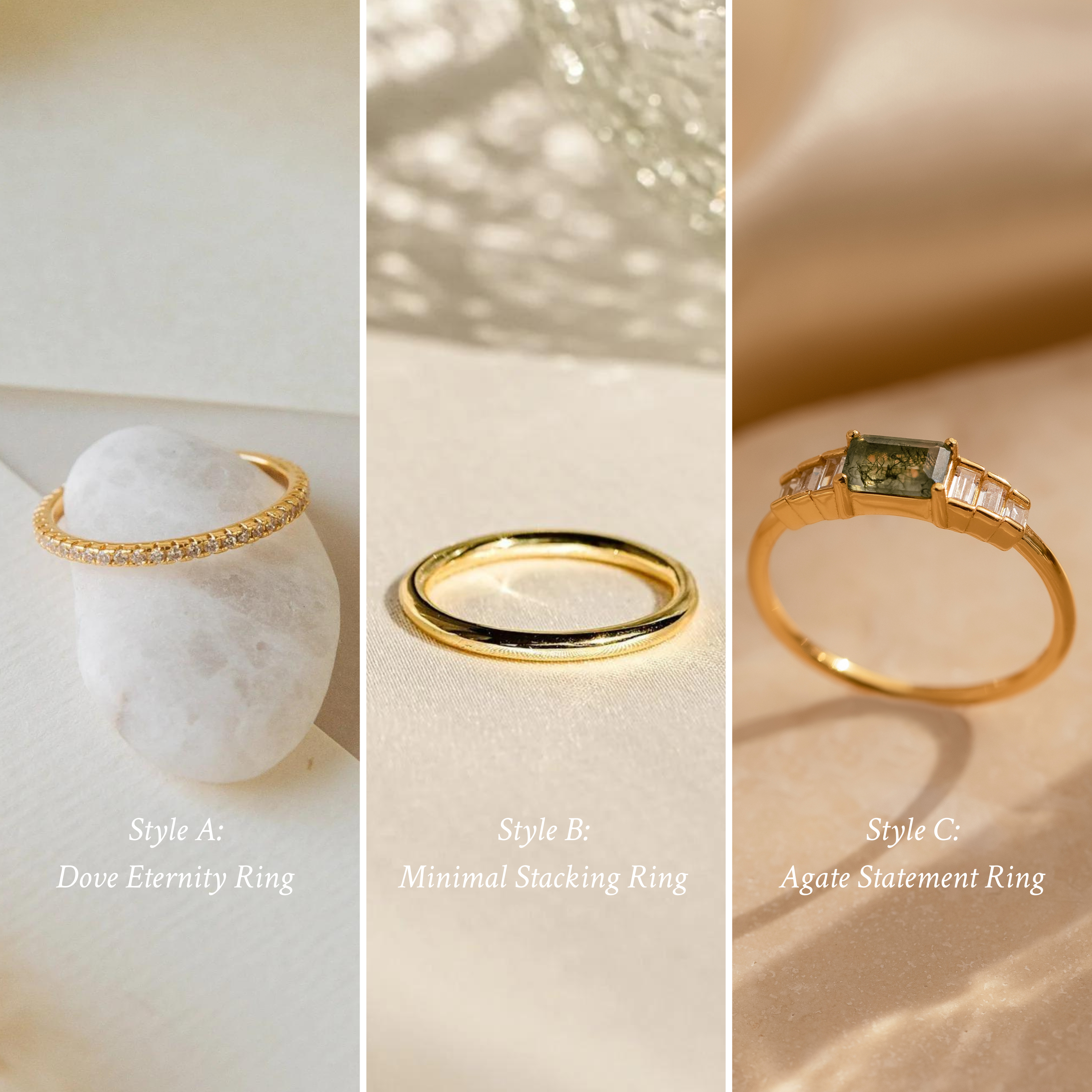 The Agate Diamond Rings Set features three gold rings—Art Deco, diamond eternity band, and green agate statement piece—each labeled by style, perfect for vintage jewelry lovers.