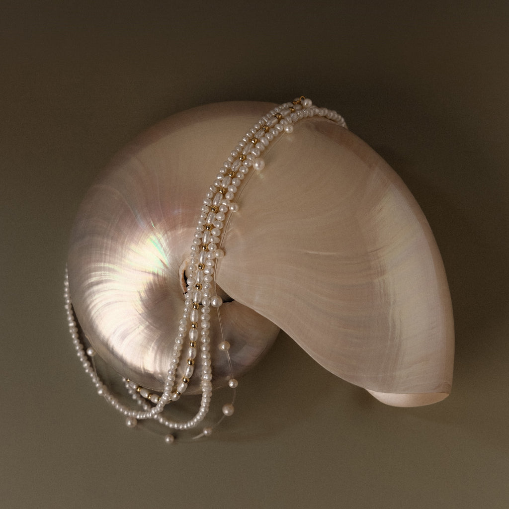 A Beaded Pearl Necklace in 18K Gold is draped over a nautilus shell, set against a plain, neutral background.