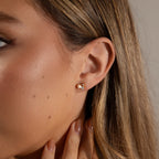 Close-up of a woman's ear wearing Pearl Diamond Cluster Studs in 18K Gold, radiating everyday elegance as her hand rests gracefully near her neck.