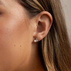 Close-up of a woman's ear wearing Pearl Diamond Cluster Studs in 18K Gold, showcasing everyday elegance with these classic earrings.
