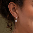 Close-up of aa model wearing our Diamond Poinsettia Hoops in Silver