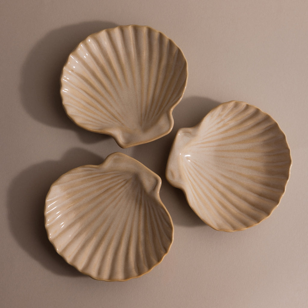 Three beige ceramic Venus Shell Jewelry Dishes arranged in a triangle on a neutral background—ideal as stylish jewelry holders or for adding coastal charm to your decor.