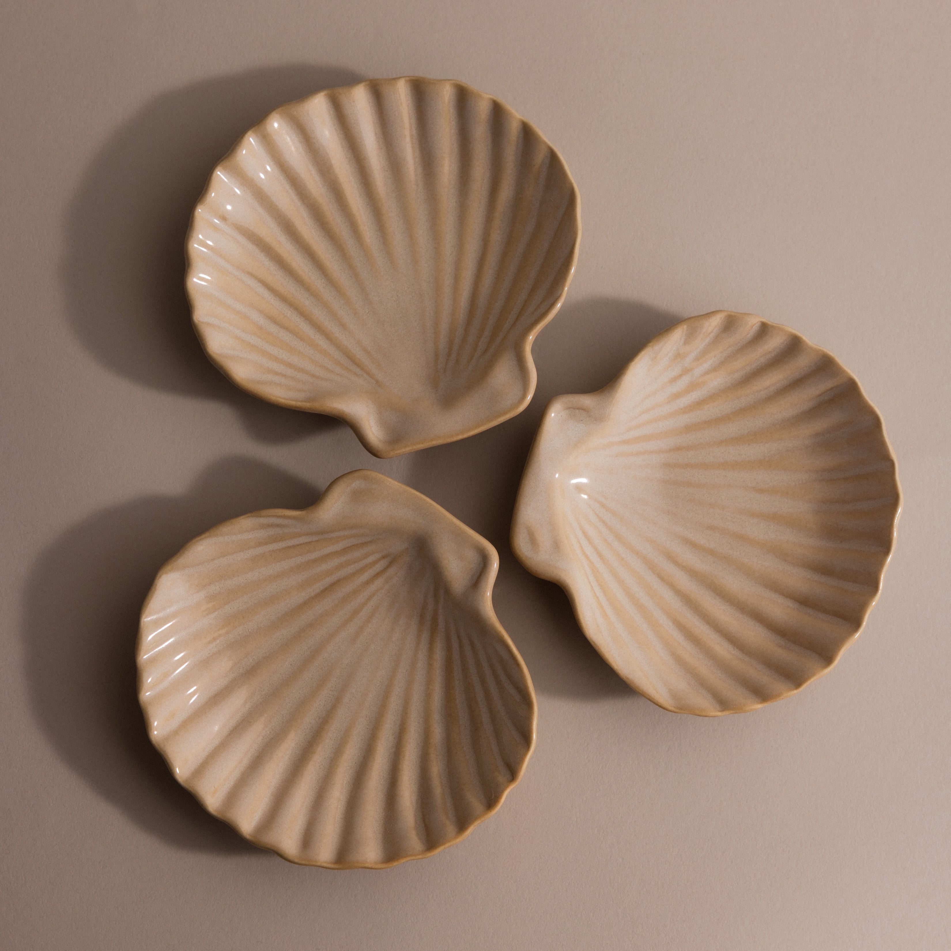 Three beige ceramic Venus Shell Jewelry Dishes arranged in a triangle on a neutral background—ideal as stylish jewelry holders or for adding coastal charm to your decor.