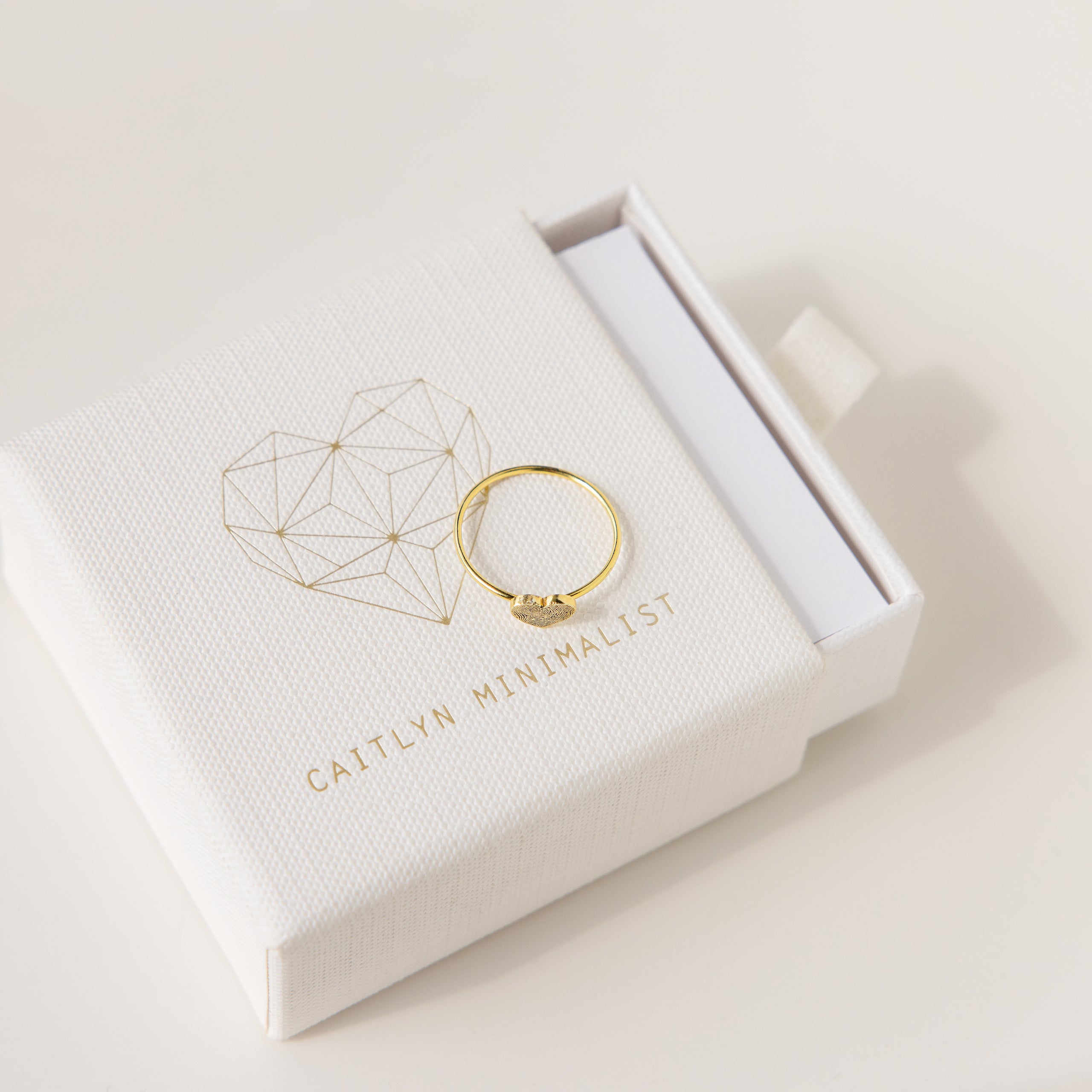 The Fingerprint Heart Ring sits on a white Caitlyn Minimalist box, showcasing its unique geometric heart—an ideal custom jewelry piece for anyone seeking a personal touch.