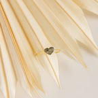 The Fingerprint Heart Ring features a textured heart design, shown on cream-colored dried palm leaves—ideal for anyone looking for elegant, personalized jewelry.