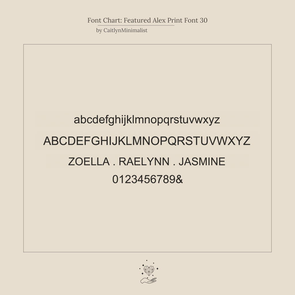 Font chart featuring Alex Print Font 30 with uppercase, lowercase, numbers, and name samples in black—ideal for designing a personalized gift like the Alex Slider Bracelet in Box Chain or other custom jewelry.