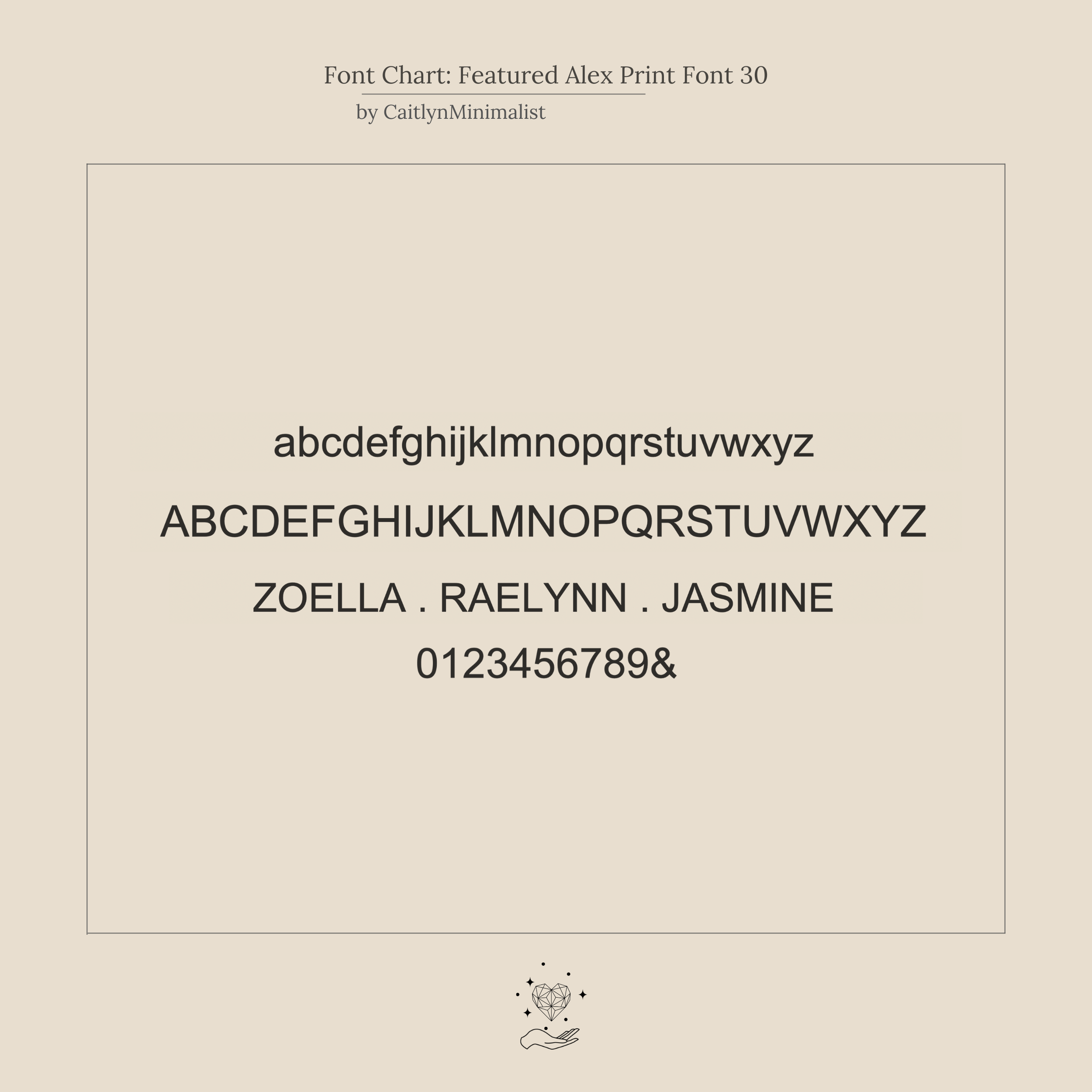 Font chart featuring Alex Print Font 30 with uppercase, lowercase, numbers, and name samples in black—ideal for designing a personalized gift like the Alex Slider Bracelet in Box Chain or other custom jewelry.