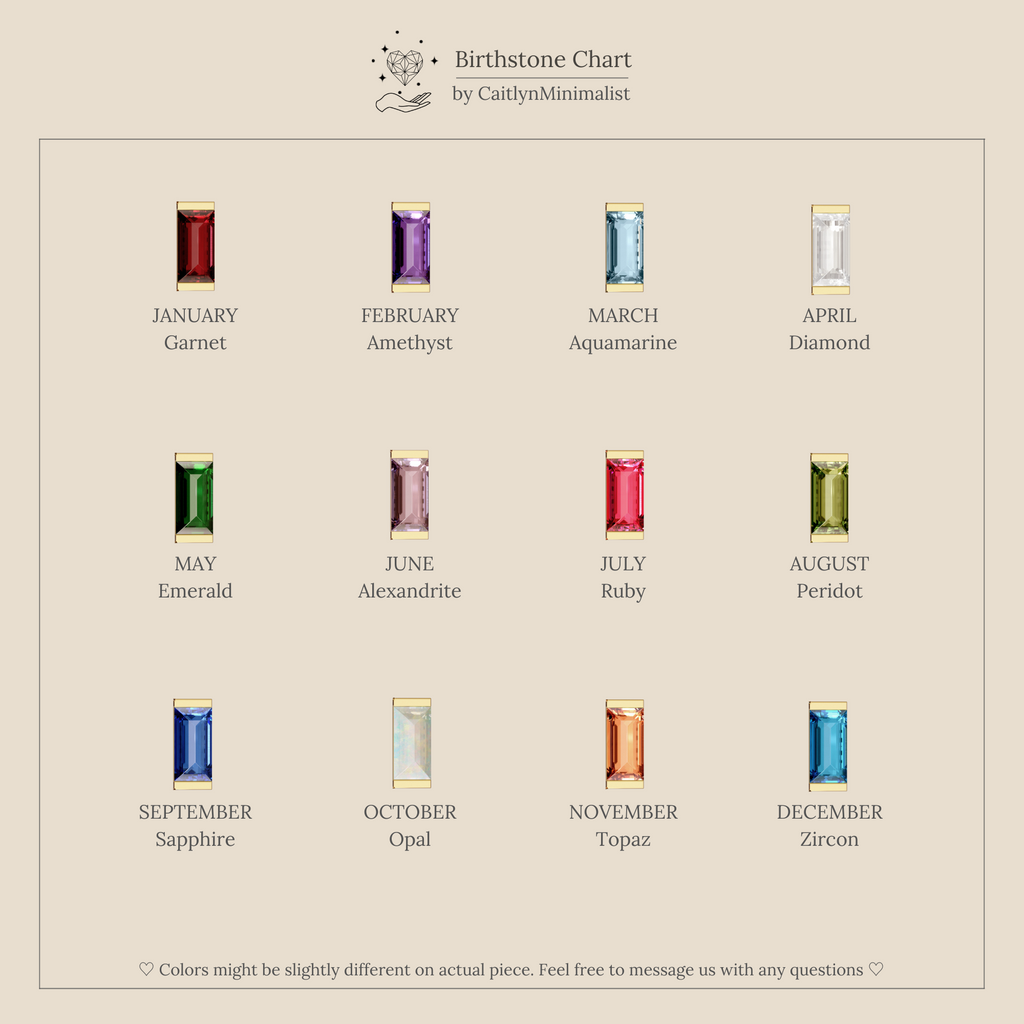 A minimalist chart displays each month's gemstone, labeled by name and stone—perfect for selecting personalized gifts like Baguette Birthstone Studs.
