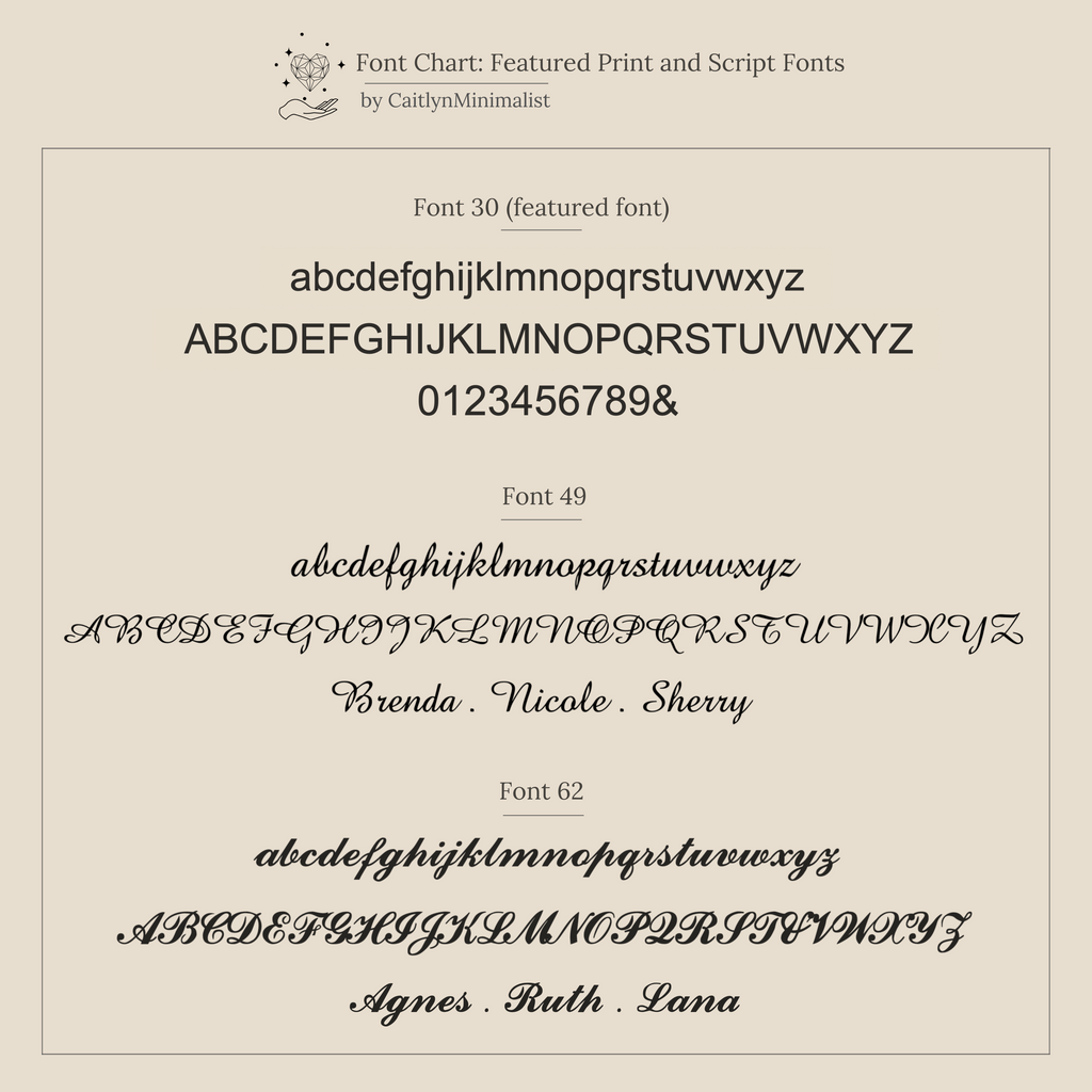 A chart displaying uppercase, lowercase letters, and numbers in three print and script fonts—ideal for creating personalized Alex Initial Studs or custom initial earrings.