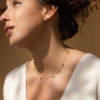 A woman wears the Larissa Emerald Station Necklace with green stones and matching stud earrings, photographed in soft natural light.