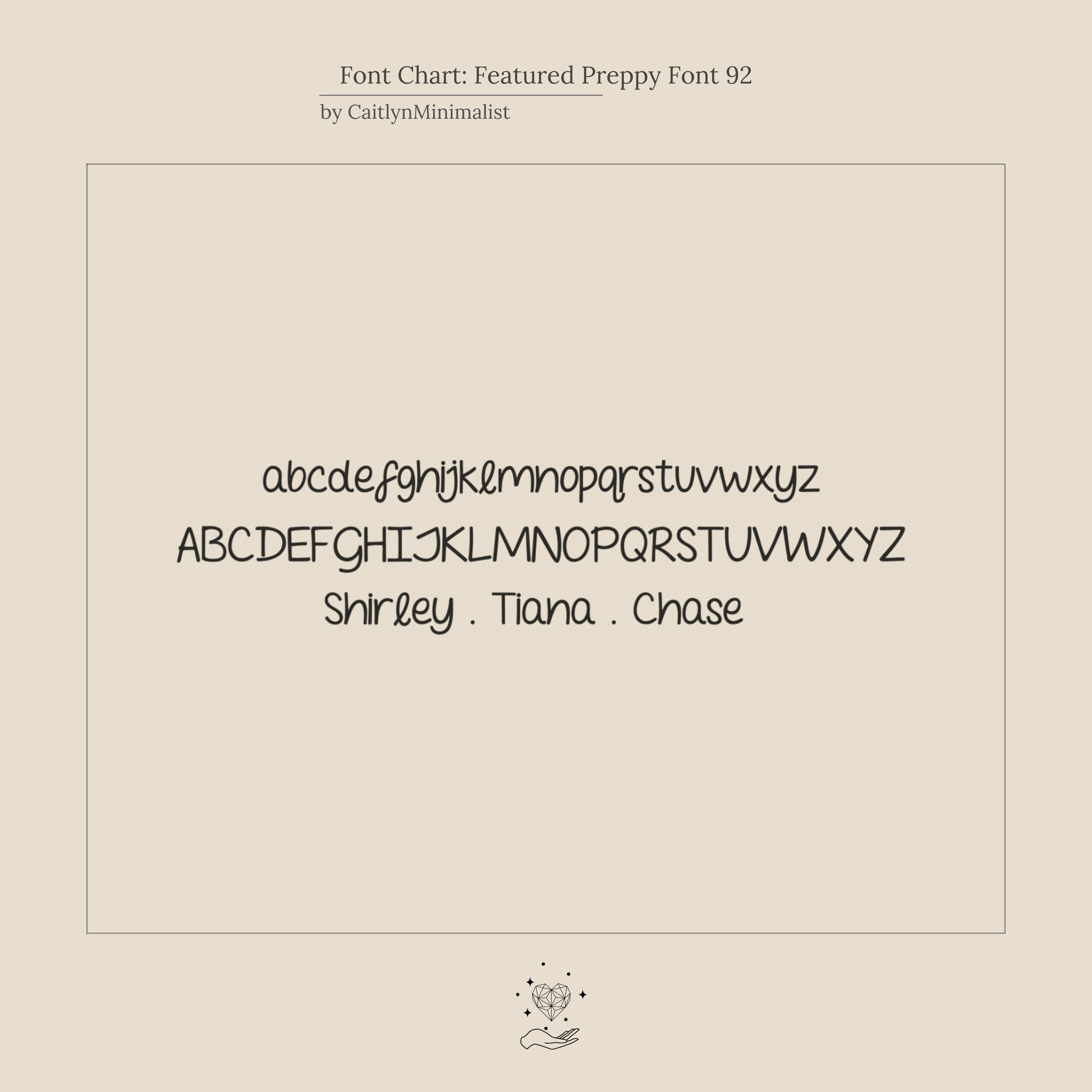 Alphabet font chart featuring uppercase, lowercase, and names Shirley, Tiana, Chase in a playful youth-inspired font—ideal for designing the Preppy Multiple Name Necklace in Box Chain or personalized jewelry.