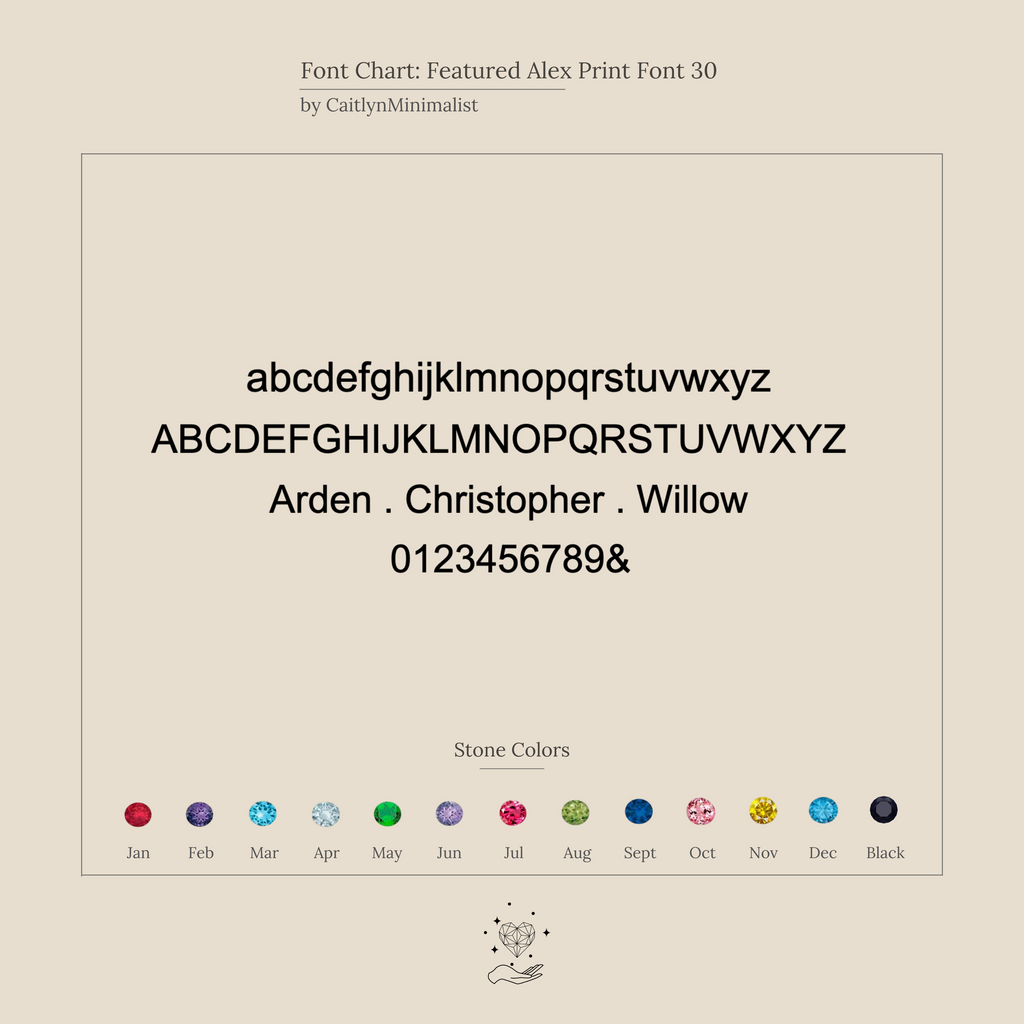 Font chart displaying Alex Print Font 30 with sample text, numbers, and colored circles labeled by month—ideal for designing custom location jewelry or a personalized Thin Coordinates Bar Bracelet.