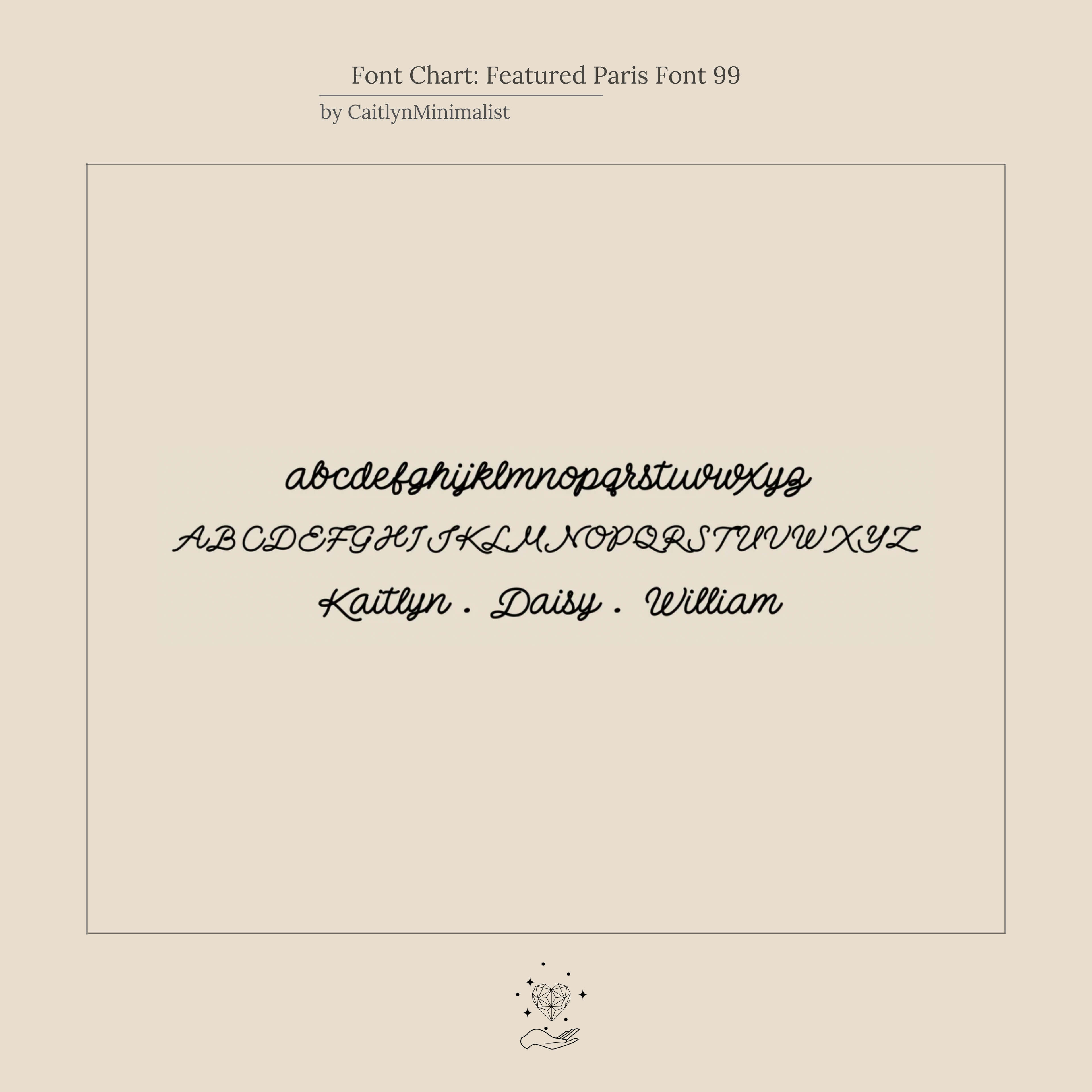 Font chart with upper and lowercase letters and names in a Parisian script, perfect for designing your Paris Multiple Name Necklace.