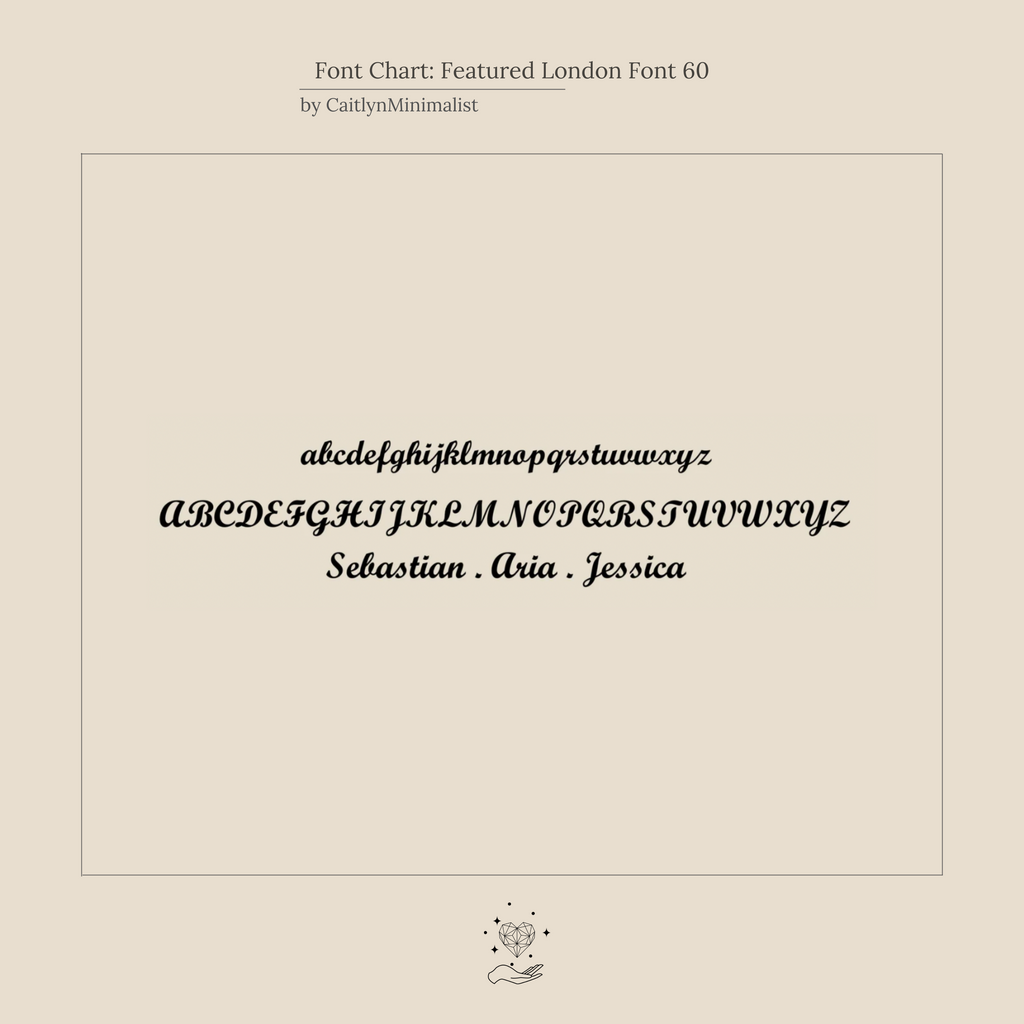 Font chart displaying London Font 60 in lowercase, uppercase, and sample names like Sebastian, Aria, and Jessica—ideal for designing your London Double Name Necklace in Box Chain with a chic personalized style.