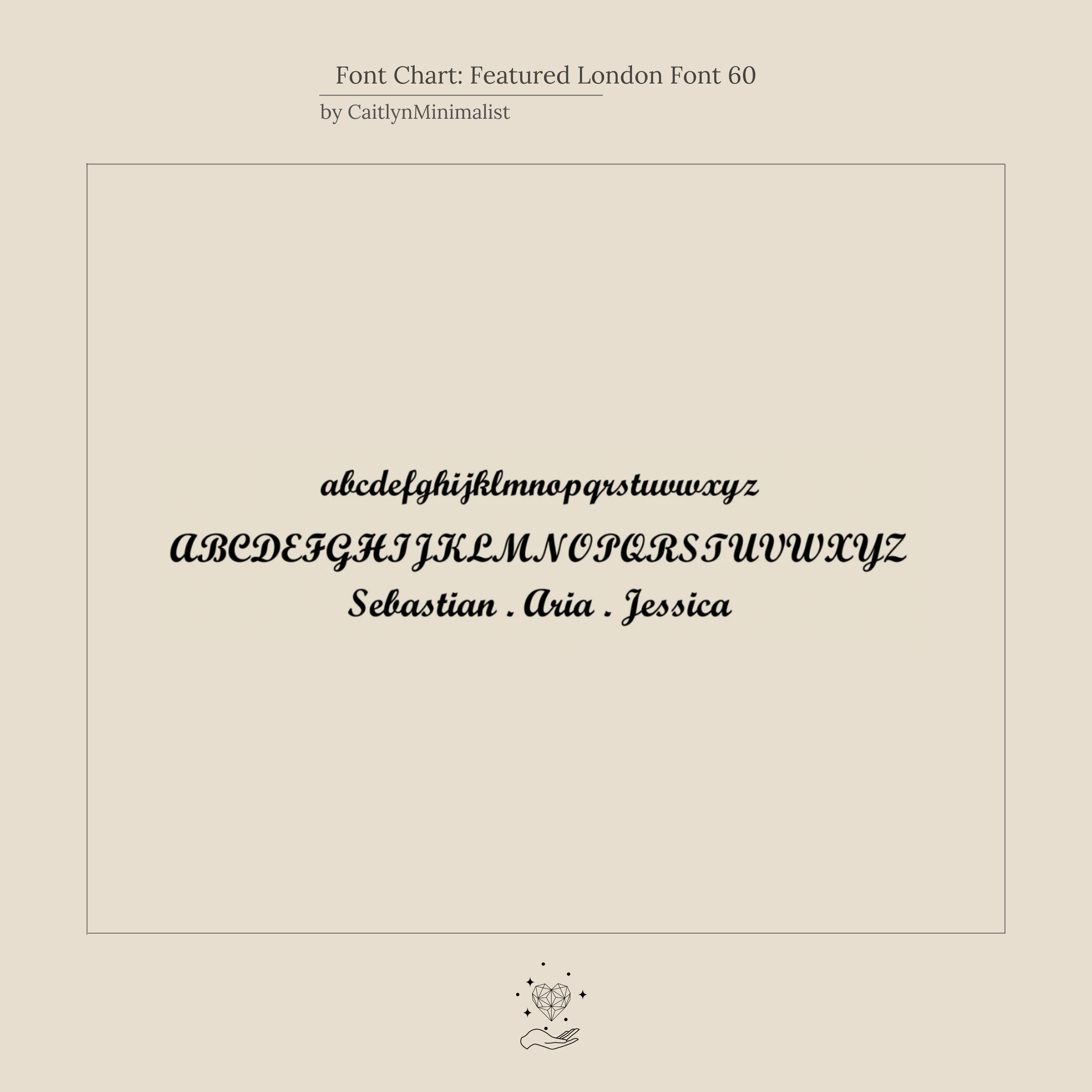 Font chart displaying London Font 60 in lowercase, uppercase, and sample names like Sebastian, Aria, and Jessica—ideal for designing your London Double Name Necklace in Box Chain with a chic personalized style.