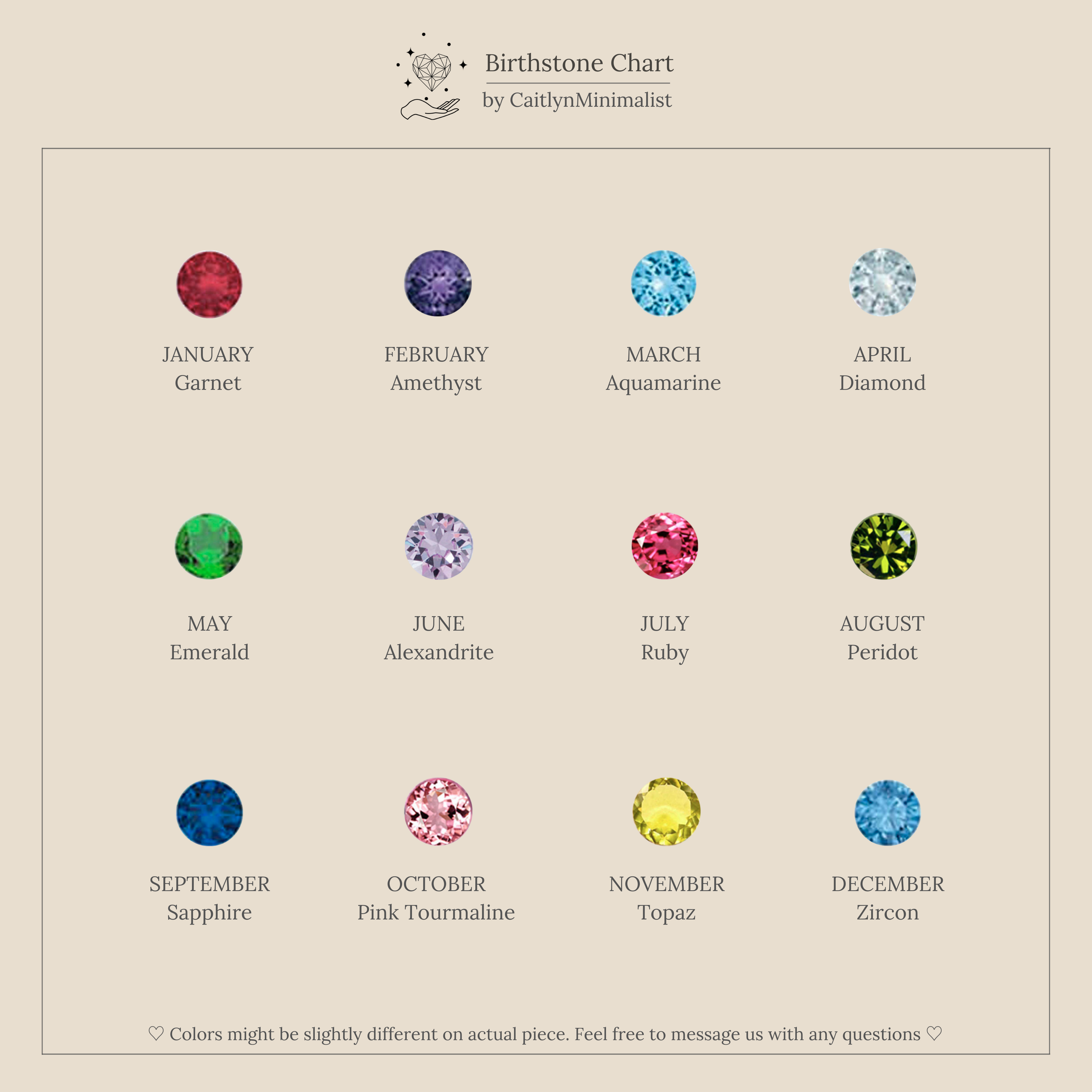 The Birthstone Add-On chart displays gems for each month, ideal for designing custom jewelry with your choice of garnet, amethyst, aquamarine, diamond, and more.