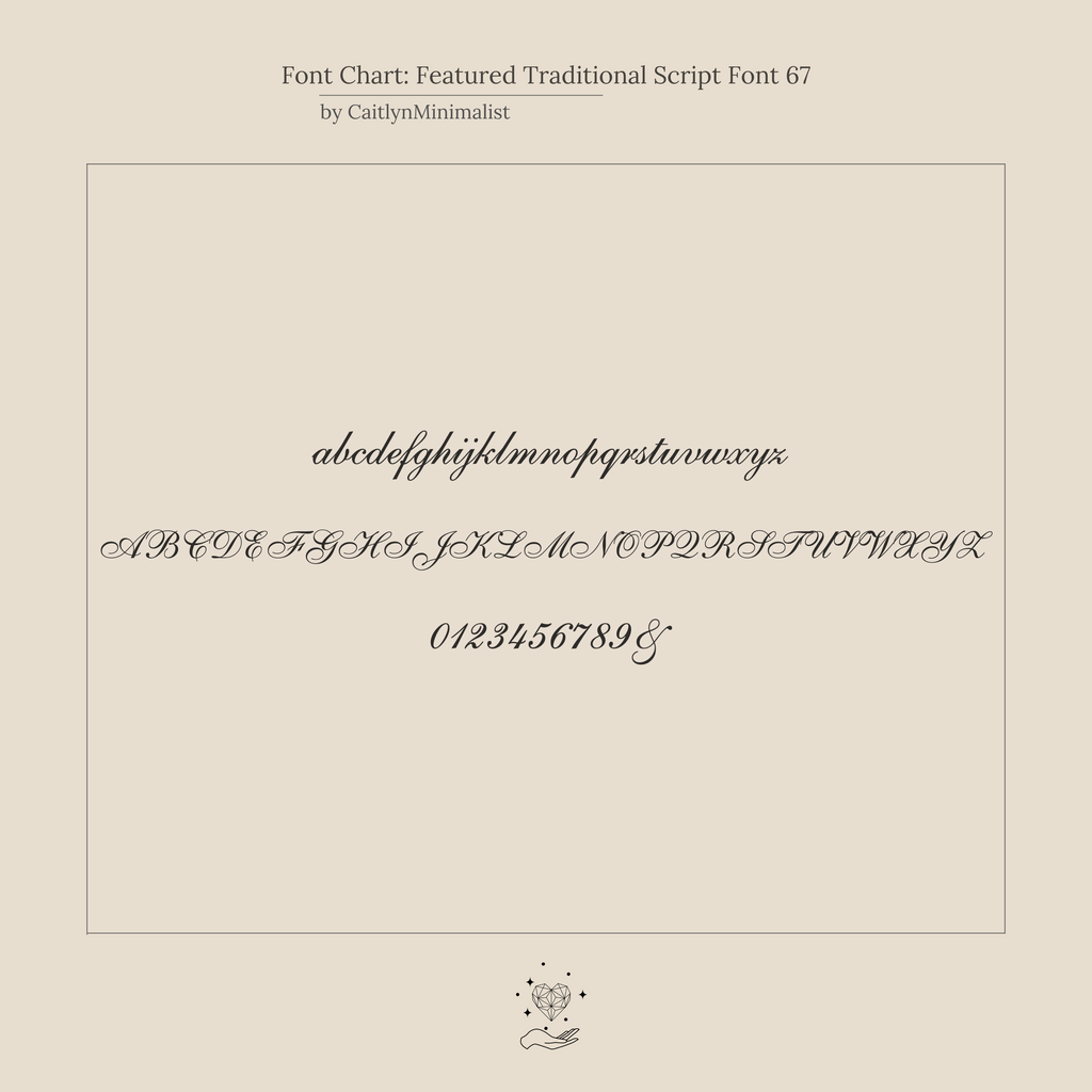 Traditional script font chart features elegant uppercase, lowercase, numbers, and ampersand in cursive—ideal for crafting a personalized gift like our Traditional Initial Heart Signet Ring.