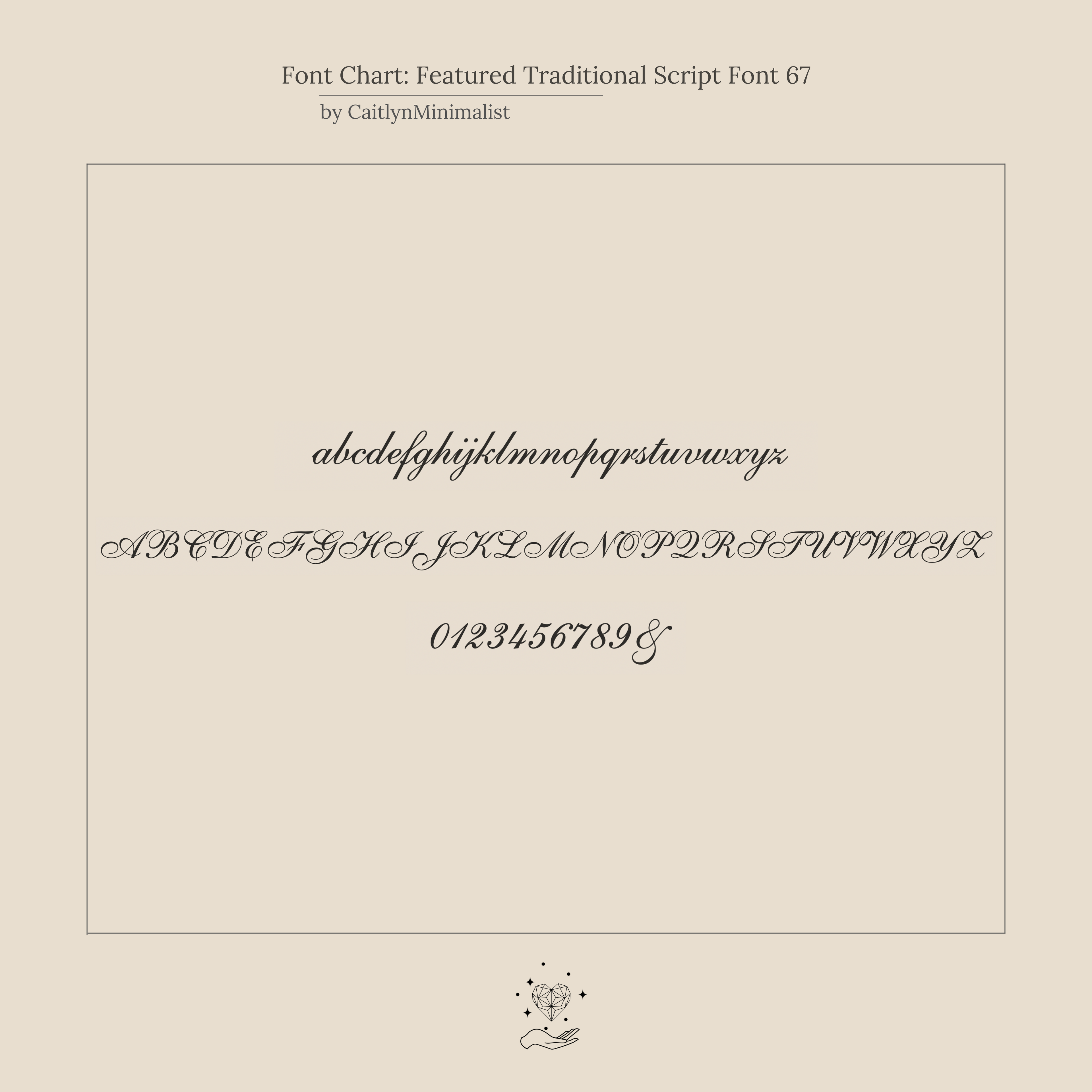 Traditional script font chart features elegant uppercase, lowercase, numbers, and ampersand in cursive—ideal for crafting a personalized gift like our Traditional Initial Heart Signet Ring.