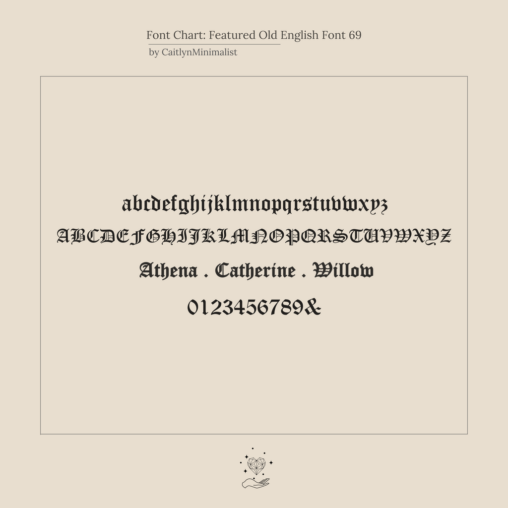 The Old English Name Earrings font chart shows uppercase, lowercase, numbers, and sample names in an ornate style—ideal for designing personalized gift name earrings or other custom jewelry.